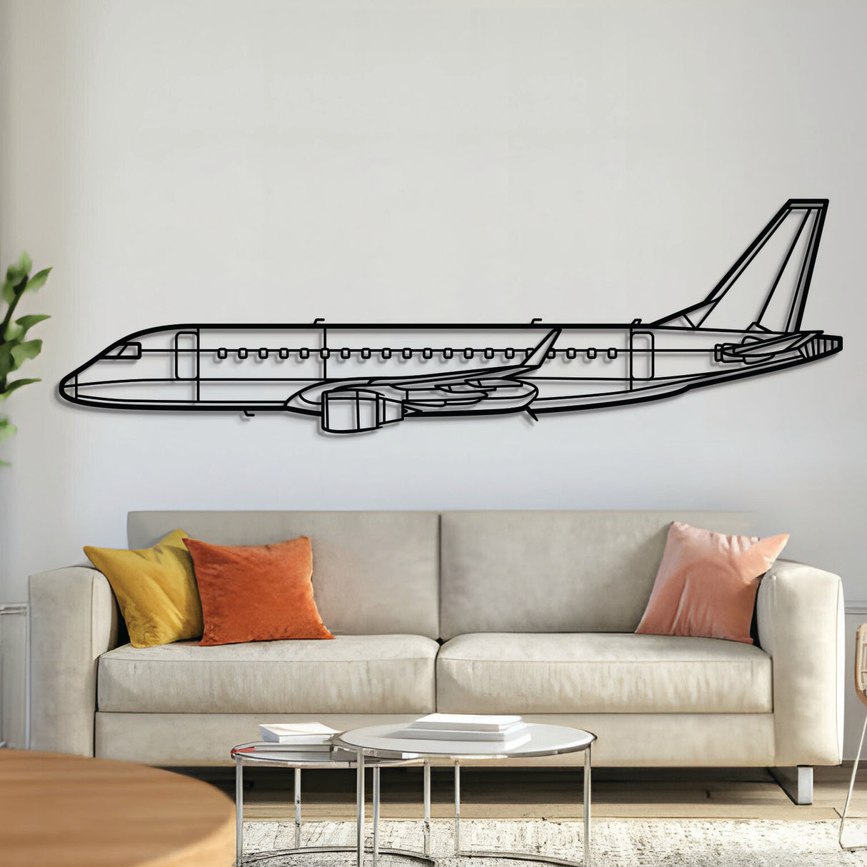 Embraer E175 jet metal wall art – laser-cut 2 mm steel silhouette with matte textured finish and floating 3D effect