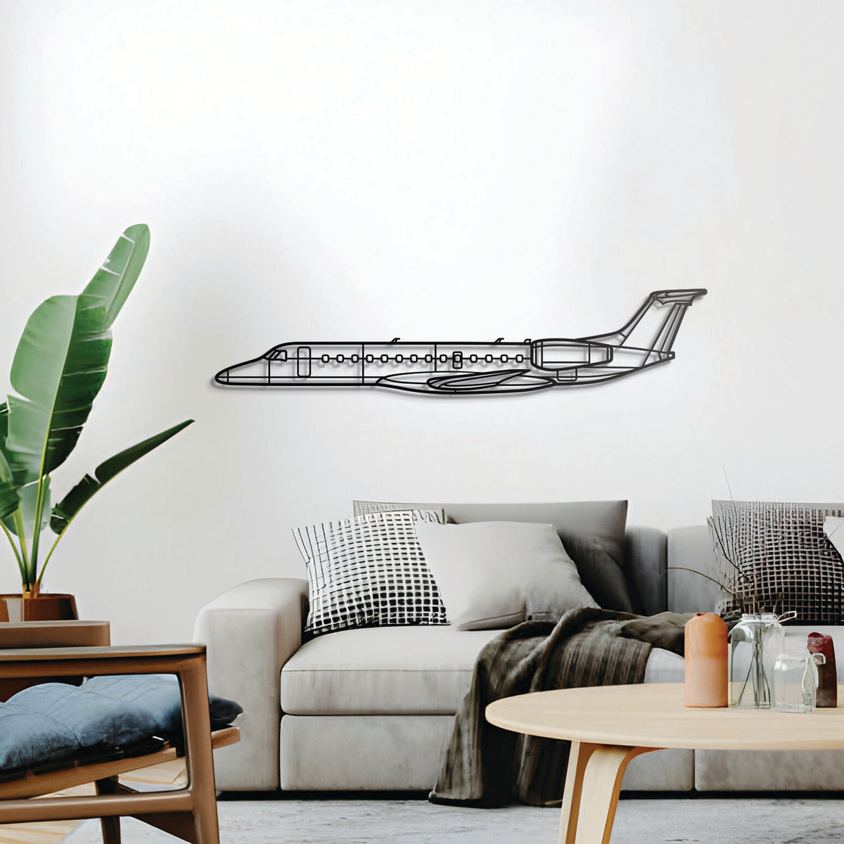 ERJ-135 twin turbofan regional jet metal décor, elevated 1 cm from wall, ready-to-hang centerpiece