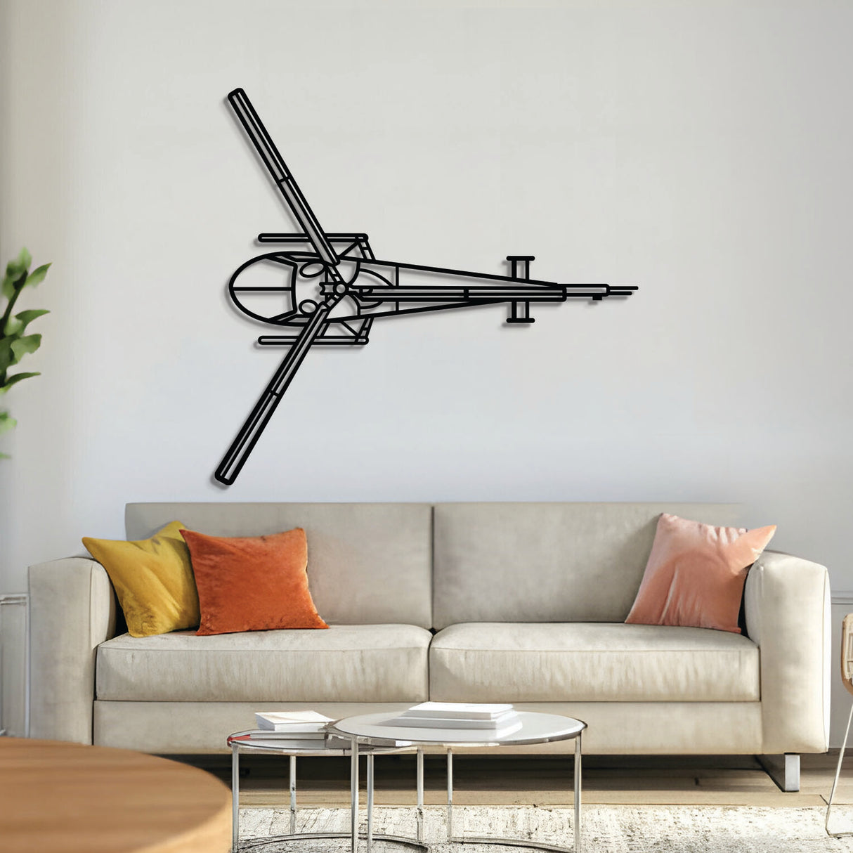 Enstrom 280FX Shark top‑view helicopter wall art, laser‑cut 2 mm steel with matte textured finish and striking 3D elevation