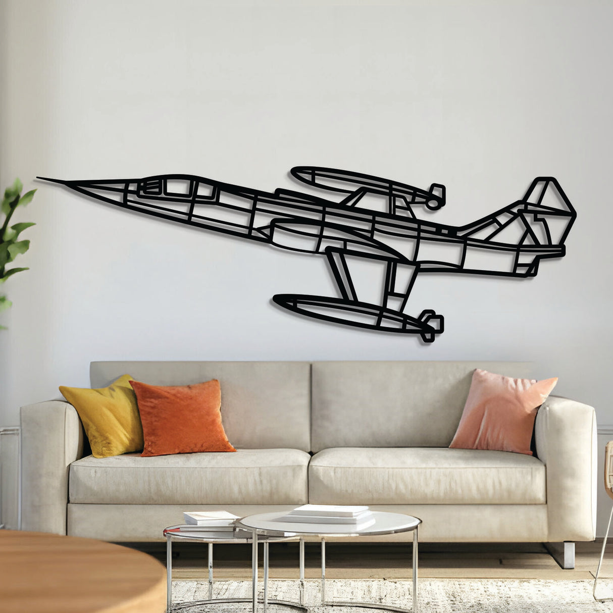 F‑104G Starfighter angle-view metal aircraft wall art, laser-cut 2 mm steel with matte textured finish and 3D elevation