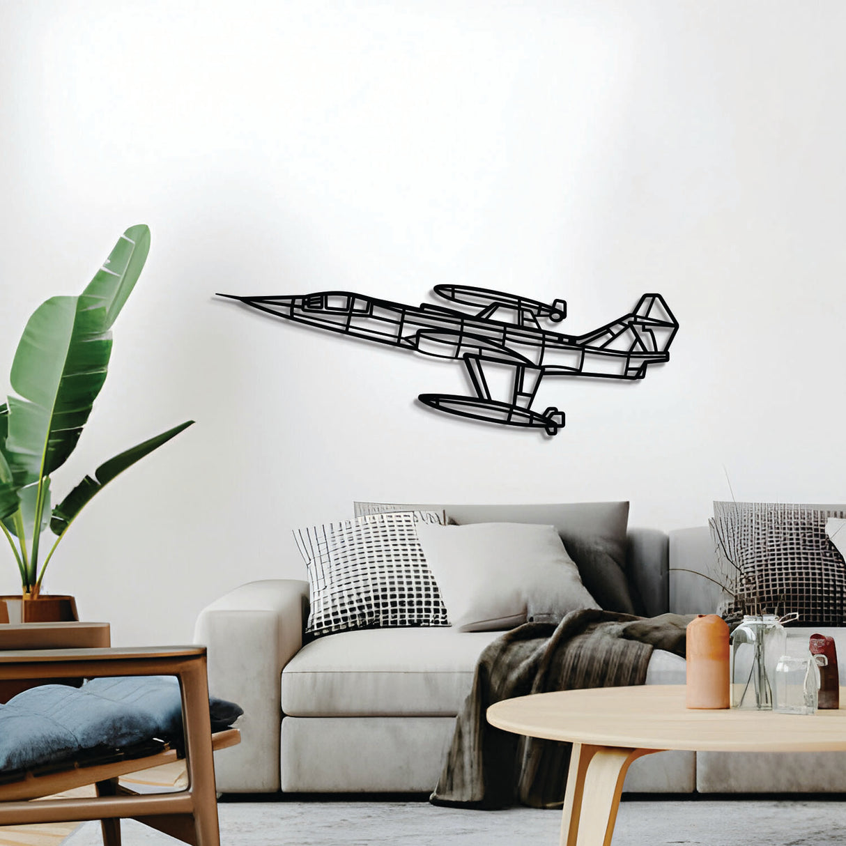 2 mm steel F‑104G Starfighter wall art, laser-cut matte finish, floats 1 cm off wall for dramatic 3D effect