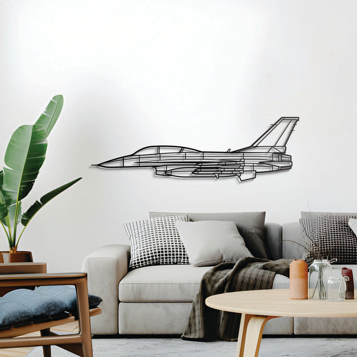 F‑16D wall décor, textured matte steel elevated 1 cm for sleek floating aviation design