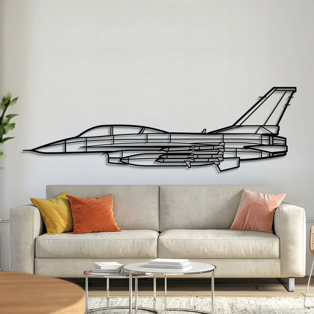 F‑16D metal aircraft wall art, laser‑cut 2 mm steel with matte powder coat and floating 3D effect