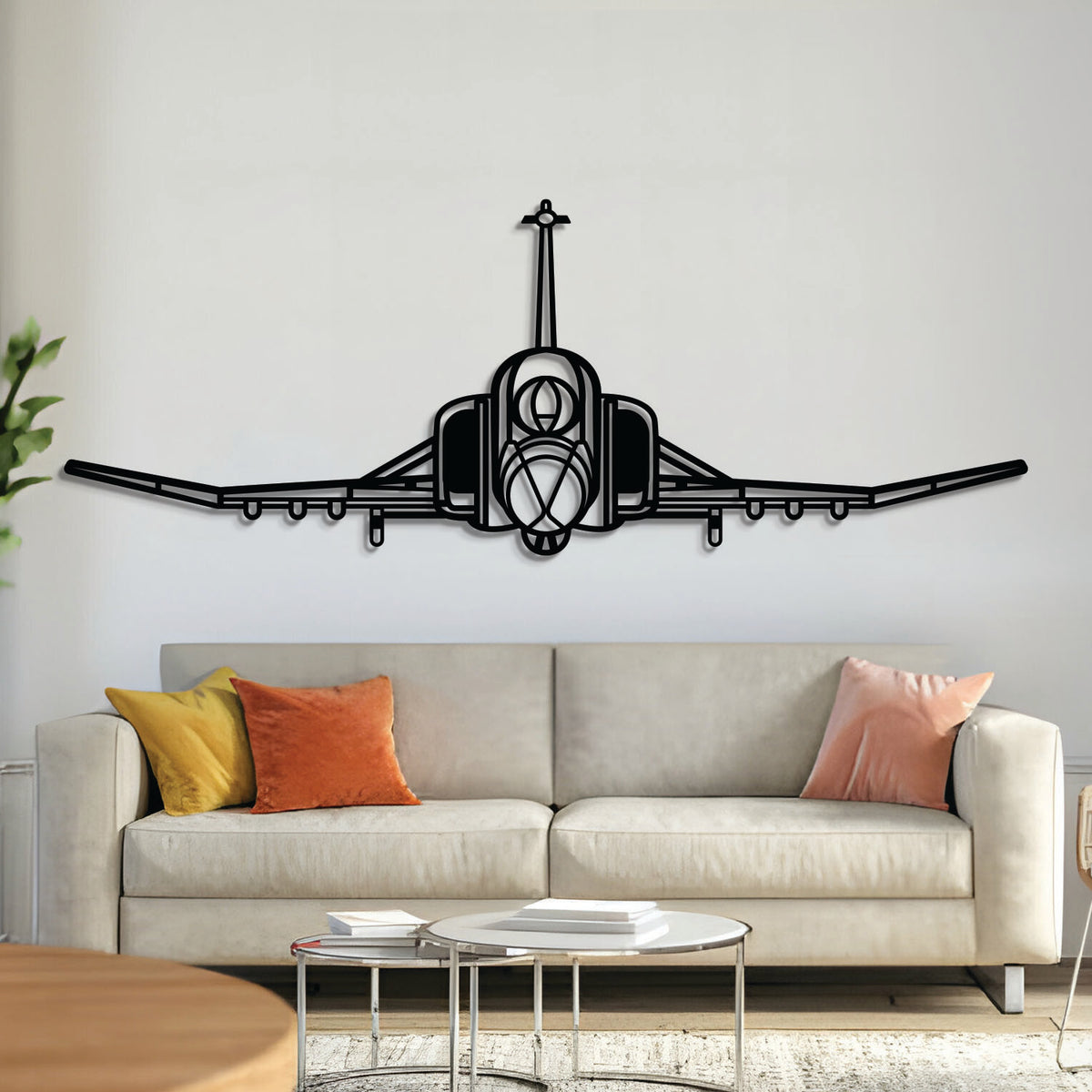 F‑4 Phantom front-view metal aircraft wall art, laser-cut 2 mm steel with matte textured finish and 3D elevation