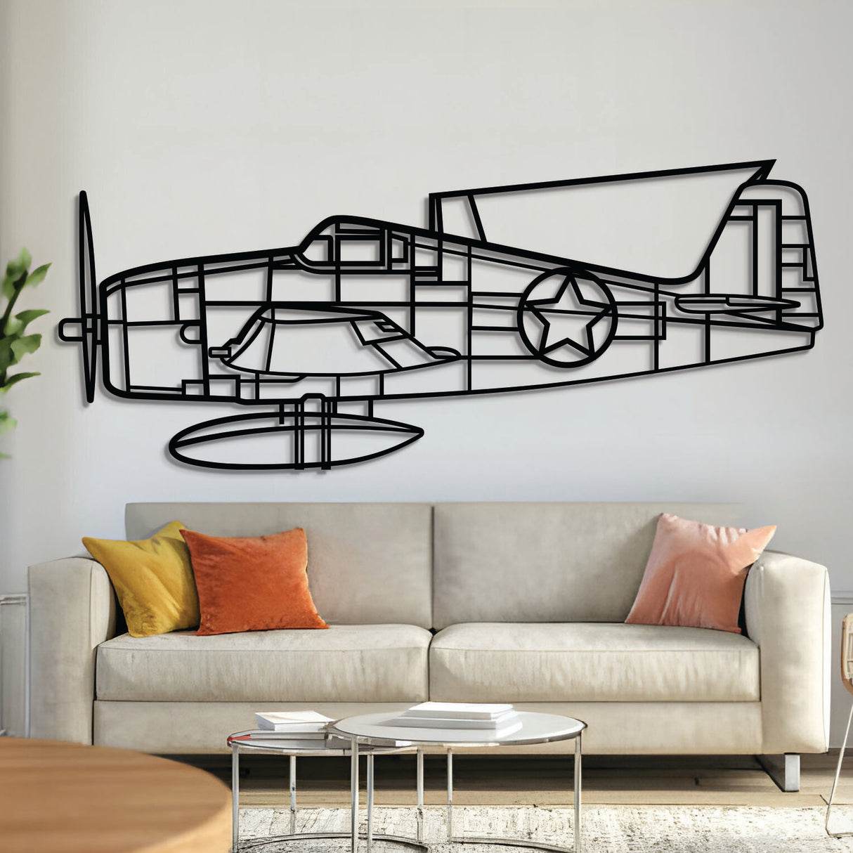 F‑6F‑3 Hellcat metal aircraft wall art, laser‑cut 2 mm steel with matte textured finish and 3D elevation