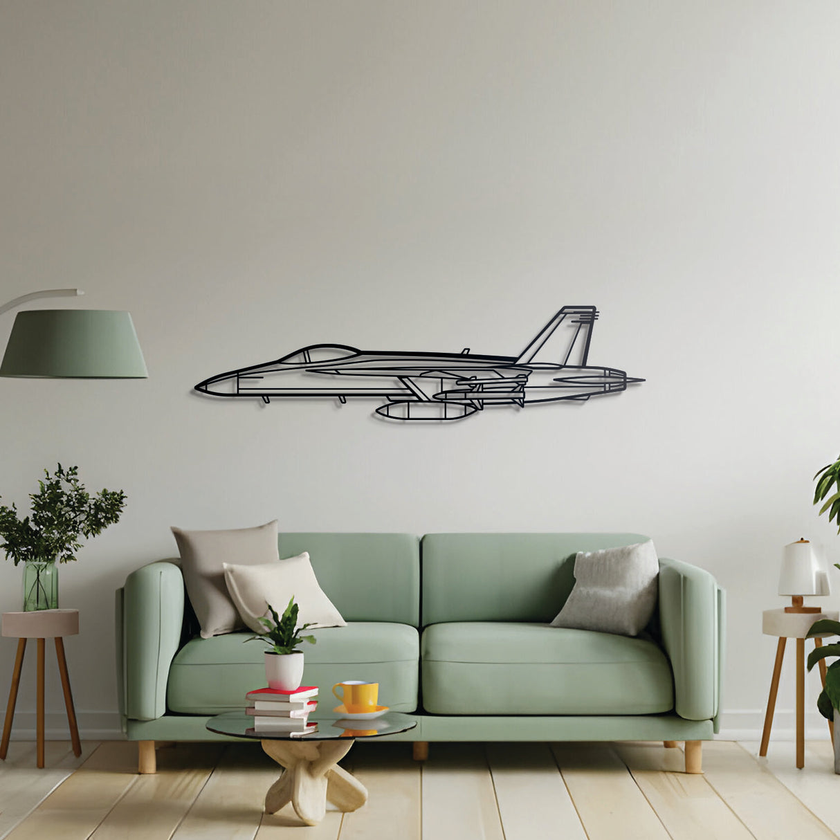 F‑18 Hornet military jet wall art – black steel silhouette with floating 3D styling, perfect for avgeeks