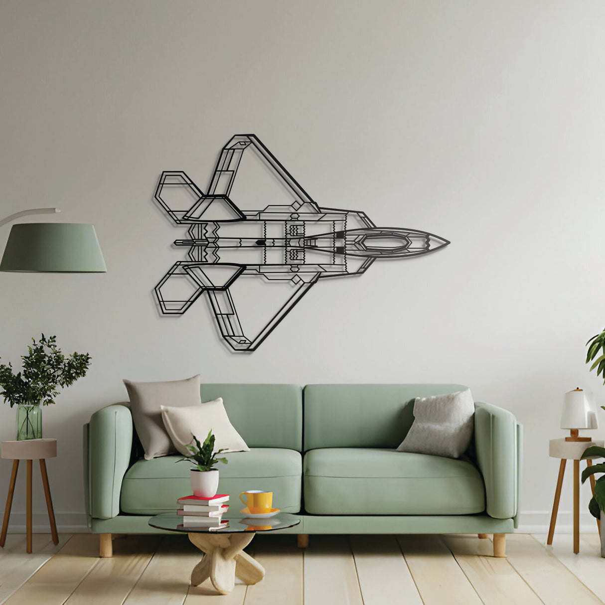 F‑22 Raptor stealth fighter wall art – black steel silhouette with floating 3D styling, perfect for avgeeks