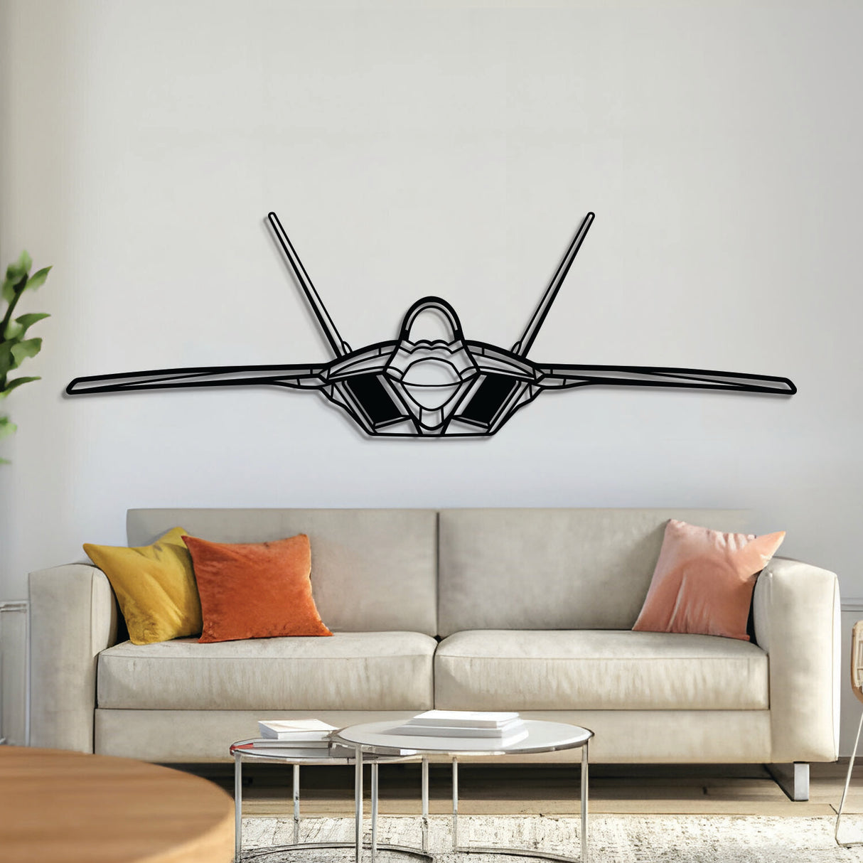 F‑22 Raptor front view metal aircraft wall art – laser‑cut 2 mm steel silhouette with matte textured finish and floating 3D effect