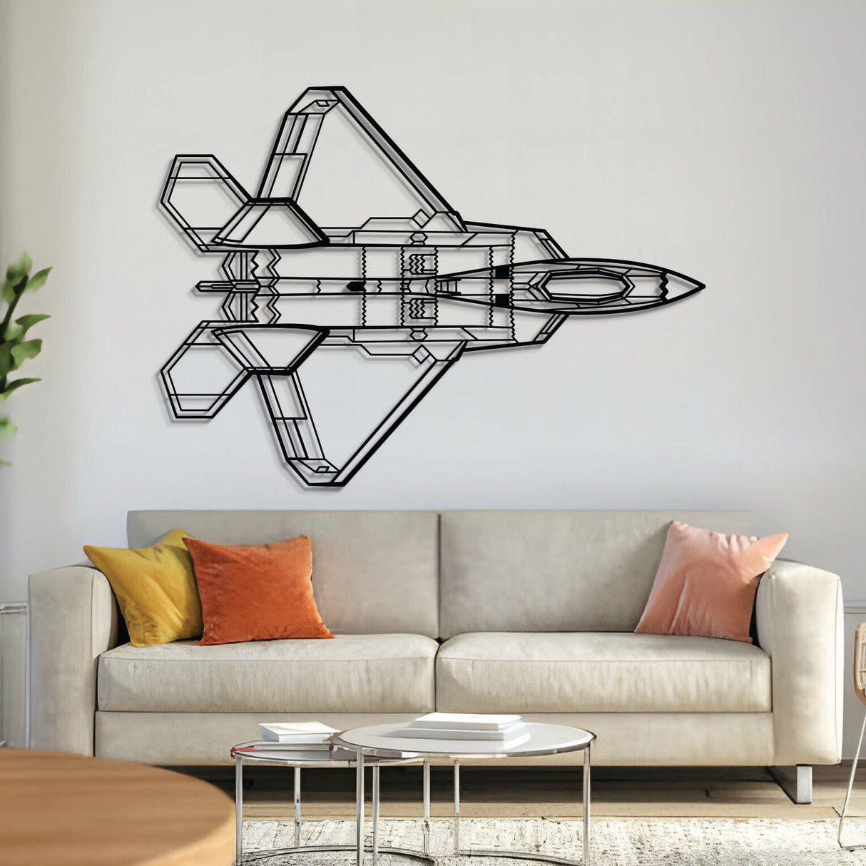 F‑22 Raptor top view metal aircraft wall art – laser-cut 2 mm steel silhouette with matte textured finish and floating 3D effect