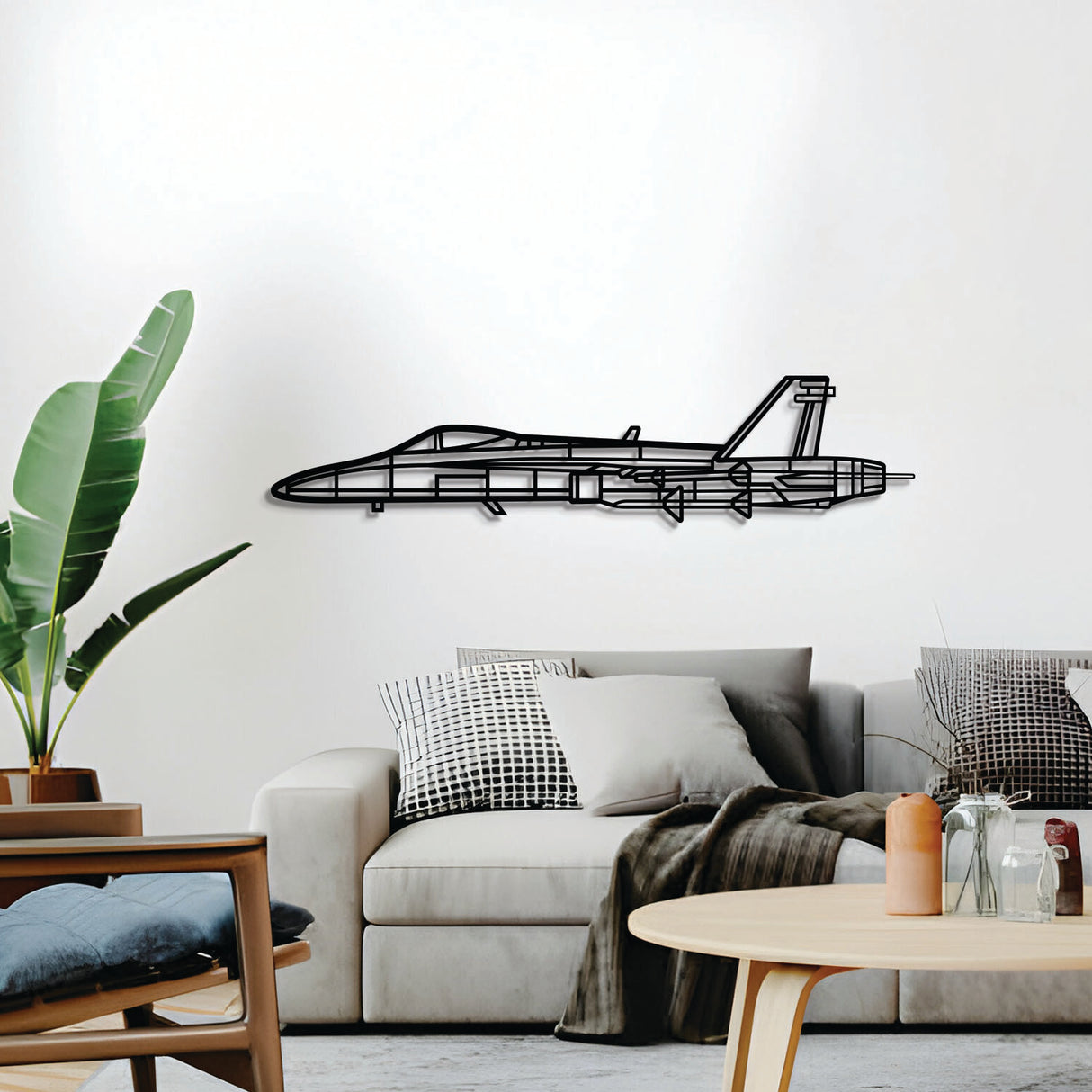 2 mm steel FA‑18A Hornet wall art, laser‑cut matte finish, floats 1 cm off wall for dramatic 3D effect