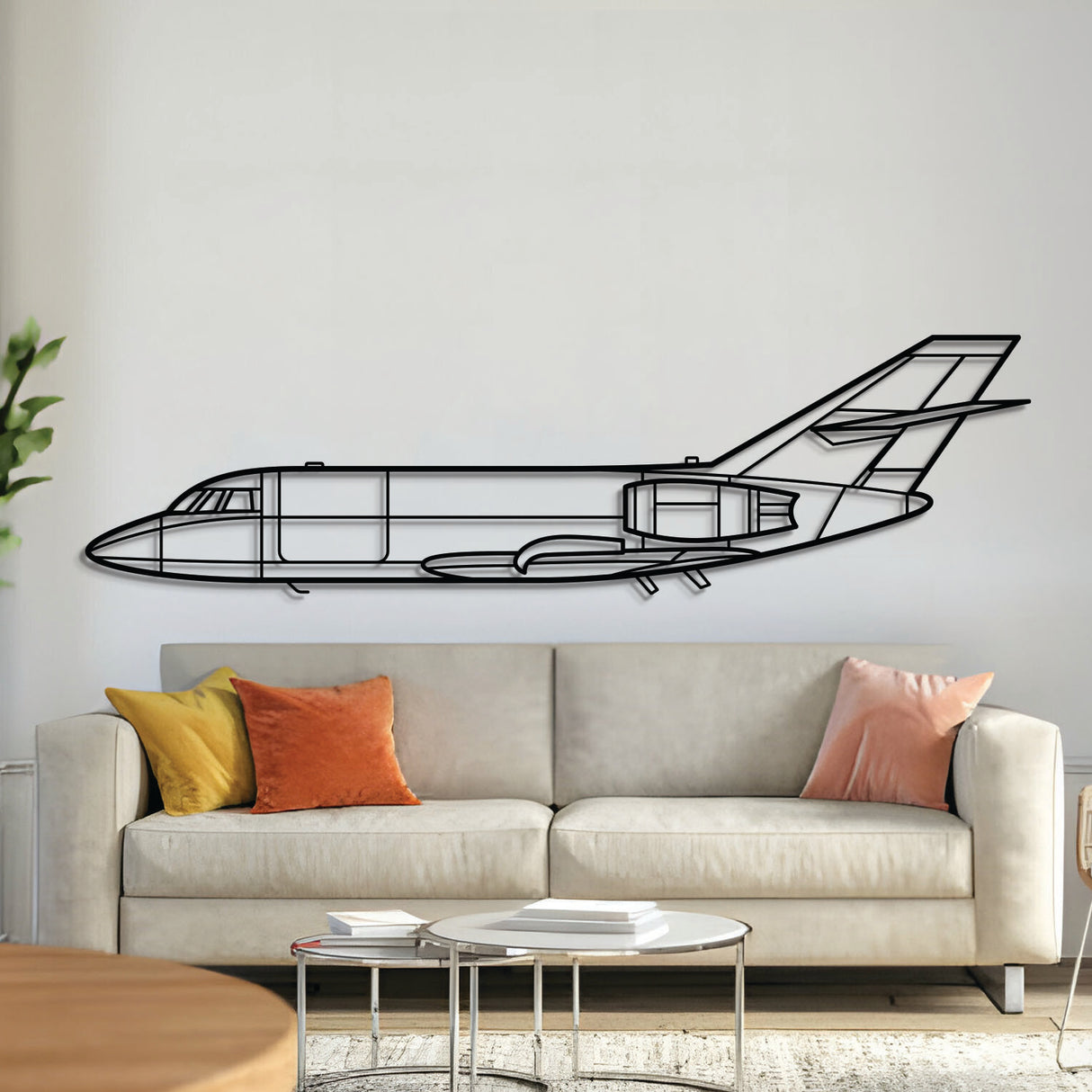 Falcon 20 metal aircraft wall art, laser‑cut 2 mm steel with matte powder coat and floating 3D effect