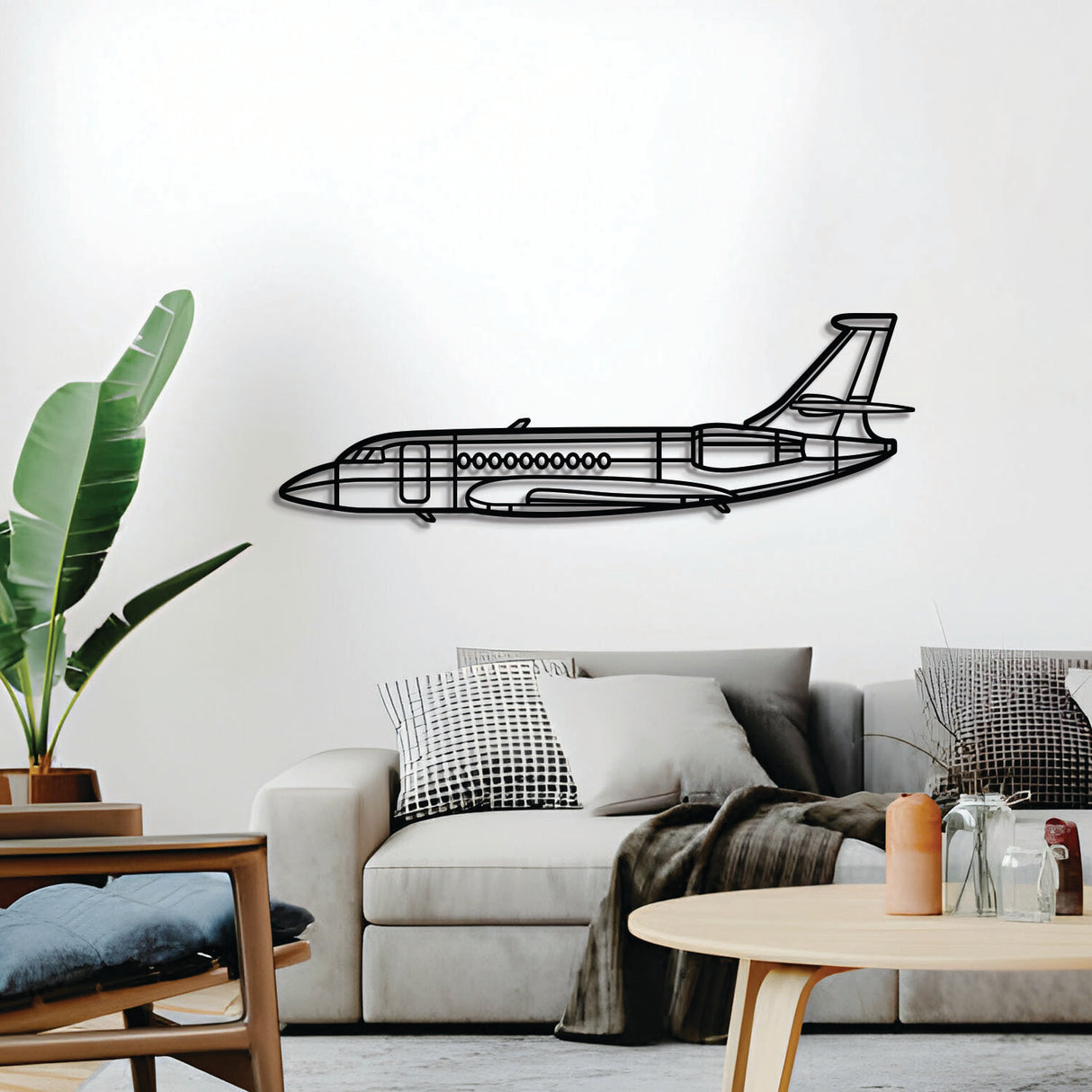 2 mm steel Falcon 2000EX wall art, laser‑cut matte finish, floats 1 cm off wall for dramatic 3D effect