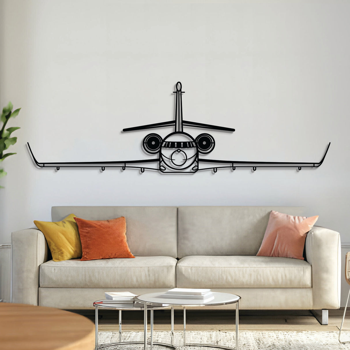 Falcon 2000LXS front metal aircraft wall art in 2 mm laser‑cut steel with matte powder‑coated textured finish and 1 cm elevation screws for a sleek floating 3D effect