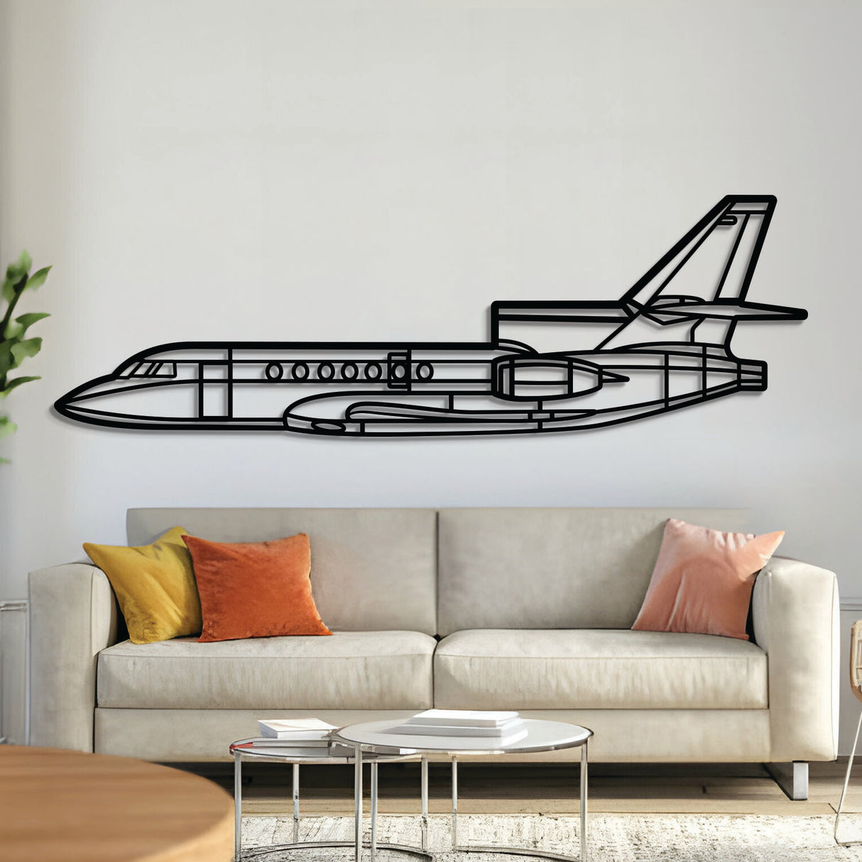 Falcon 50 metal aircraft wall art, laser‑cut 2 mm steel with matte textured finish and 3D elevation
