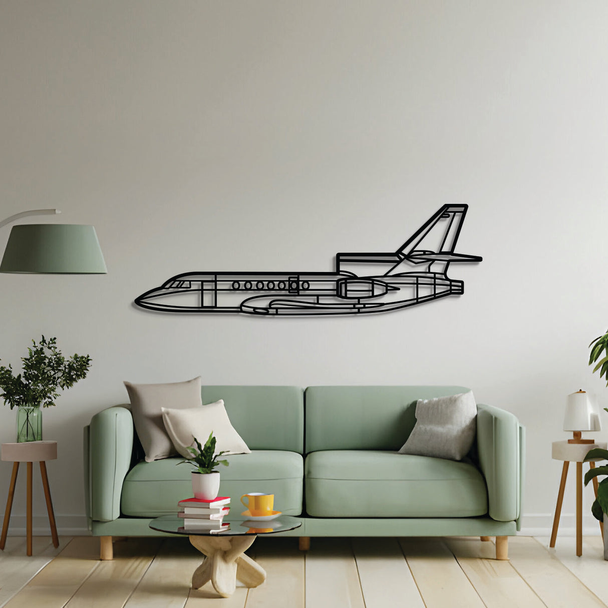 2 mm steel Falcon 50 wall art, laser-cut matte finish, floats 1 cm off wall for dramatic 3D effect
