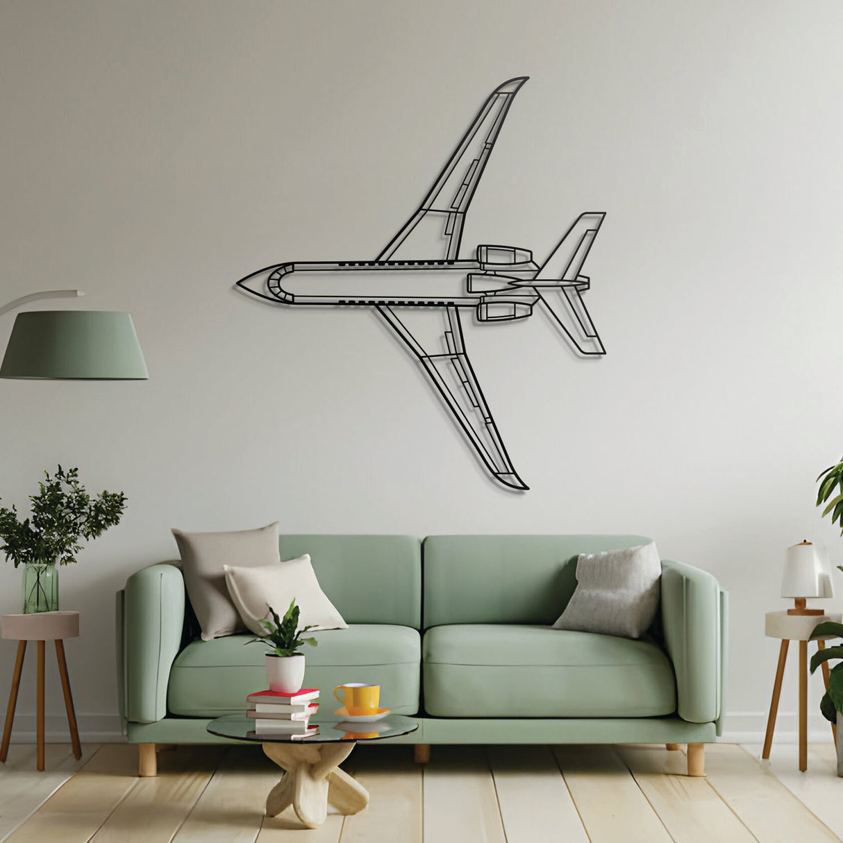 Aviation décor highlight: Falcon 900EX laser‑cut steel wall art with matte texture and elevation screws for avgeek-inspired spaces
