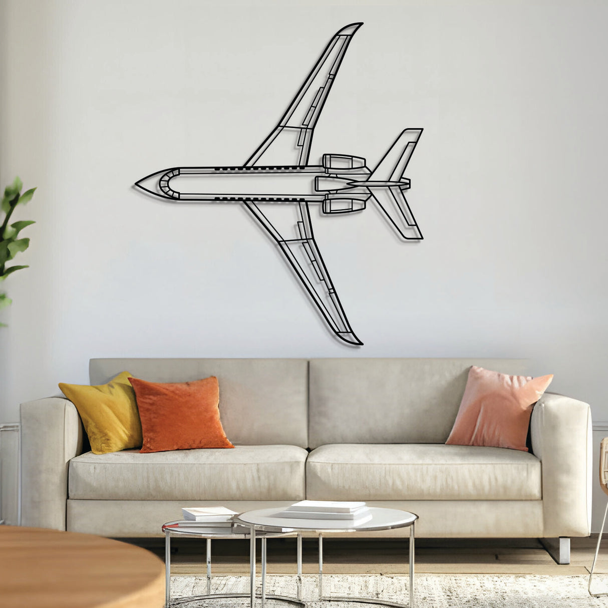 Falcon 900EX top-angle metal aircraft wall art in 2 mm laser‑cut steel with matte powder‑coated textured finish and 1 cm elevation screws for premium 3D effect