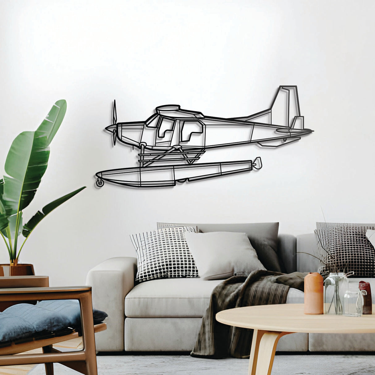 Bush Hawk XP wall décor – elevated 1 cm off the wall using elevation screws to create a bold 3D shadow effect of its high‑cantilever wing and tailwheel design