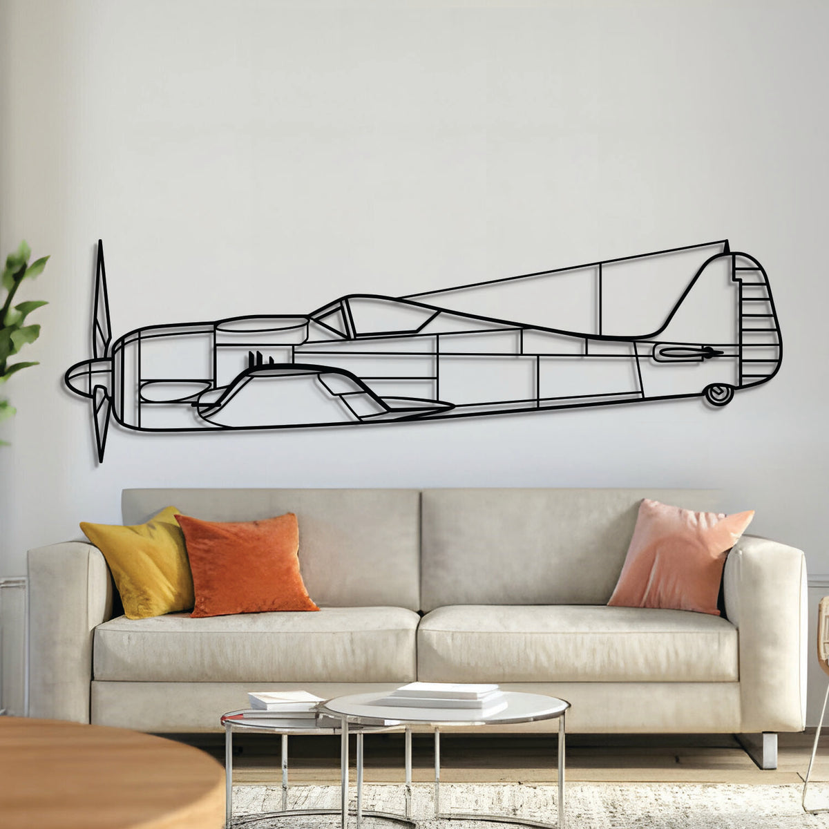 FW190A metal aircraft wall art in 2 mm laser‑cut steel with matte powder‑coated textured finish and 3D elevation screws