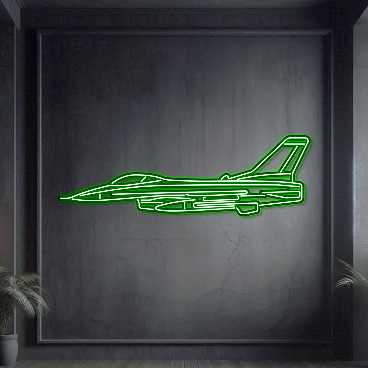 F‑16 Falcon neon wall art, sleek modern aviation décor ideal for hangars, offices, or contemporary living spaces
