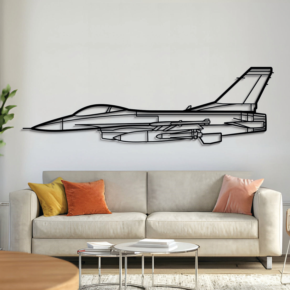 F‑16 Falcon metal aircraft wall art – laser‑cut steel silhouette with matte textured finish and floating 3D effect