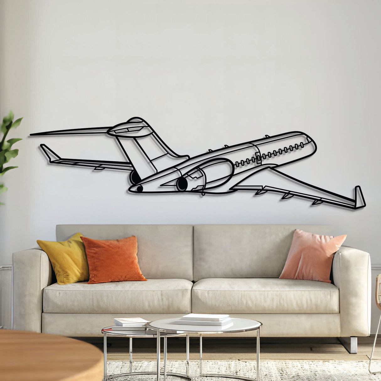 Global 6000 back-angle metal aircraft wall art in 2 mm laser‑cut steel with matte powder‑coated textured finish and 1 cm elevation screws for an elegant 3D floating effect