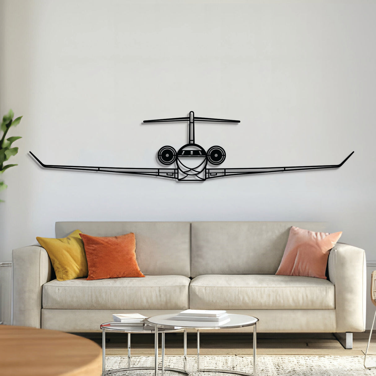 Global 7500 Front metal aircraft wall art in 2 mm laser‑cut steel with matte powder‑coated textured finish and 3D elevation screws