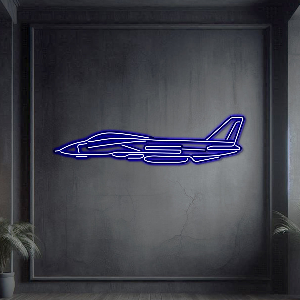 Matte black F-14 Tomcat metal wall art with vivid neon glow, premium décor for modern interiors