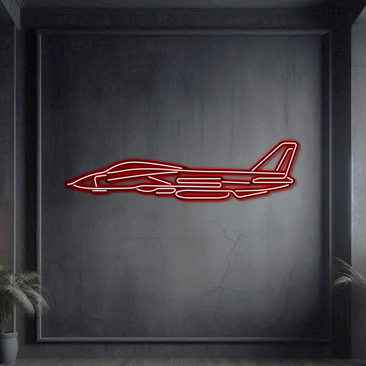 F-14 Tomcat swing-wing jet neon wall art, precision-cut steel with 3D floating effect