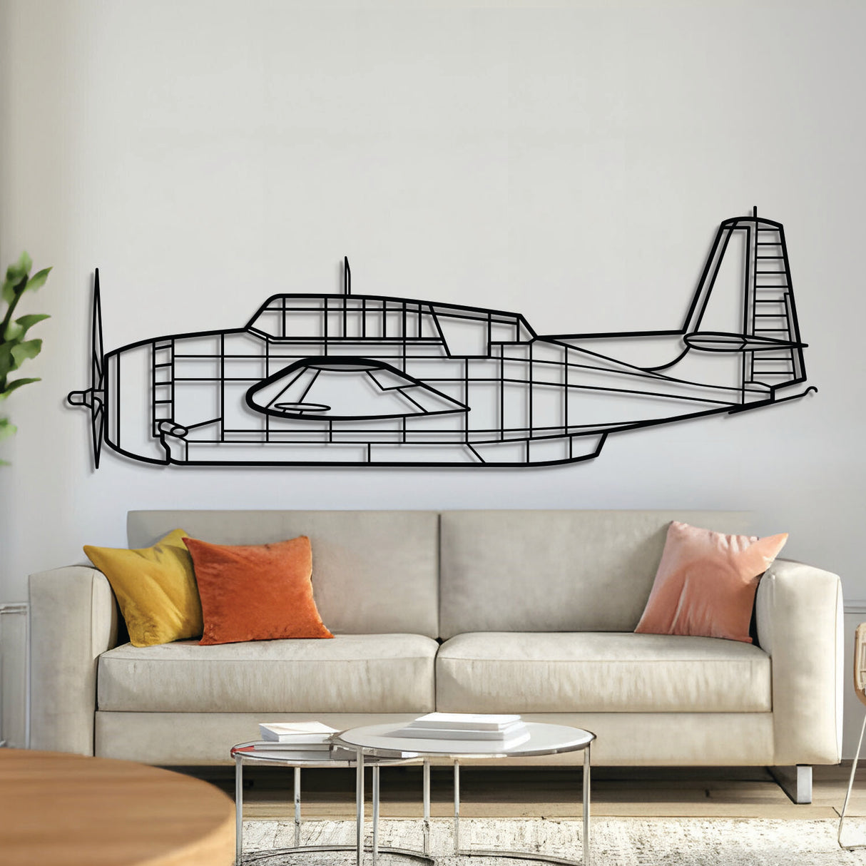 TBM‑3N metal aircraft wall art, laser‑cut 2 mm steel with matte powder coat and floating 3D effect