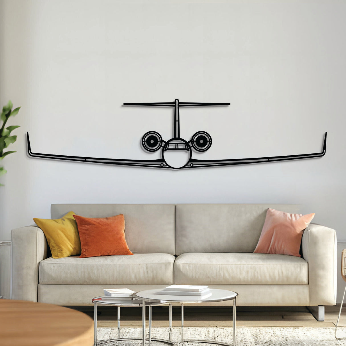 G550 front view metal aircraft wall art – laser-cut steel silhouette with matte textured finish and floating 3D shadow effect