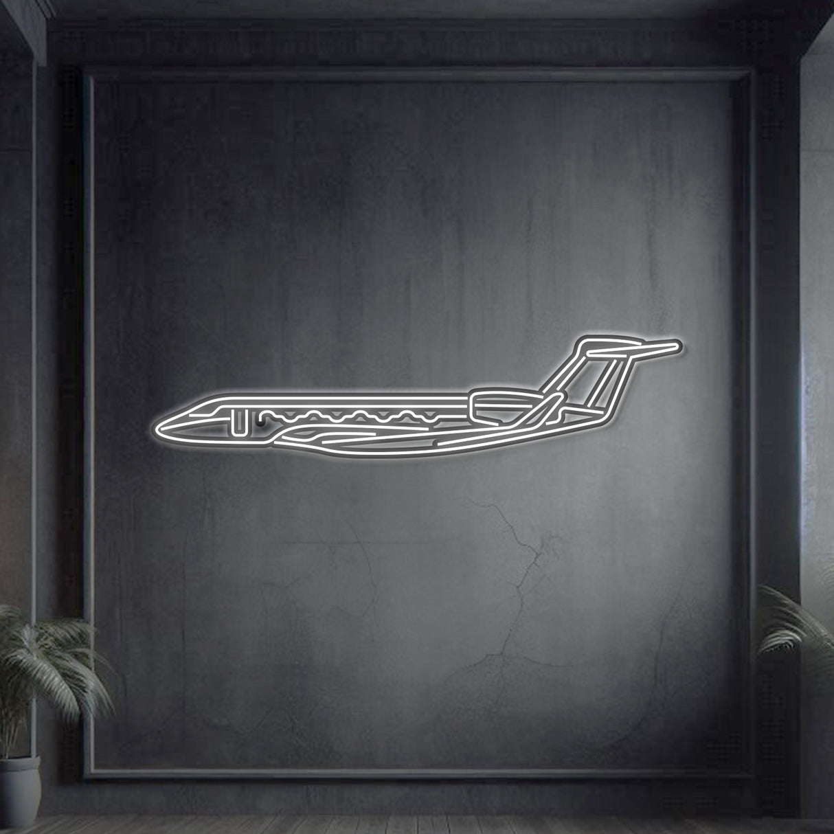 Gulfstream G650 ultra‑long‑range business jet neon silhouette wall art, laser‑cut steel with glowing neon outline and dramatic 3D elevation
