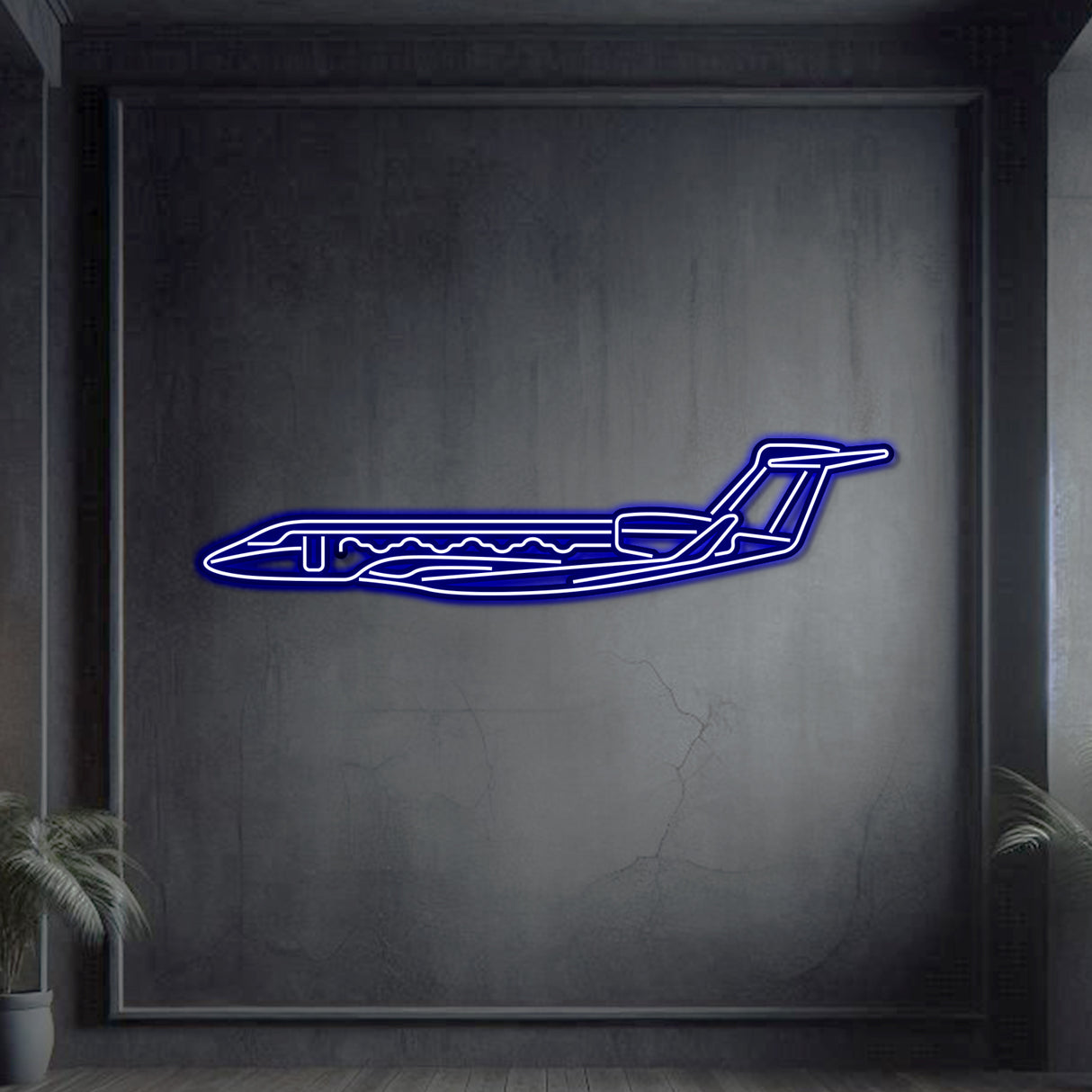 Neon‑lit Gulfstream G650 silhouette wall art, textured steel with floating neon frame for striking 3D depth