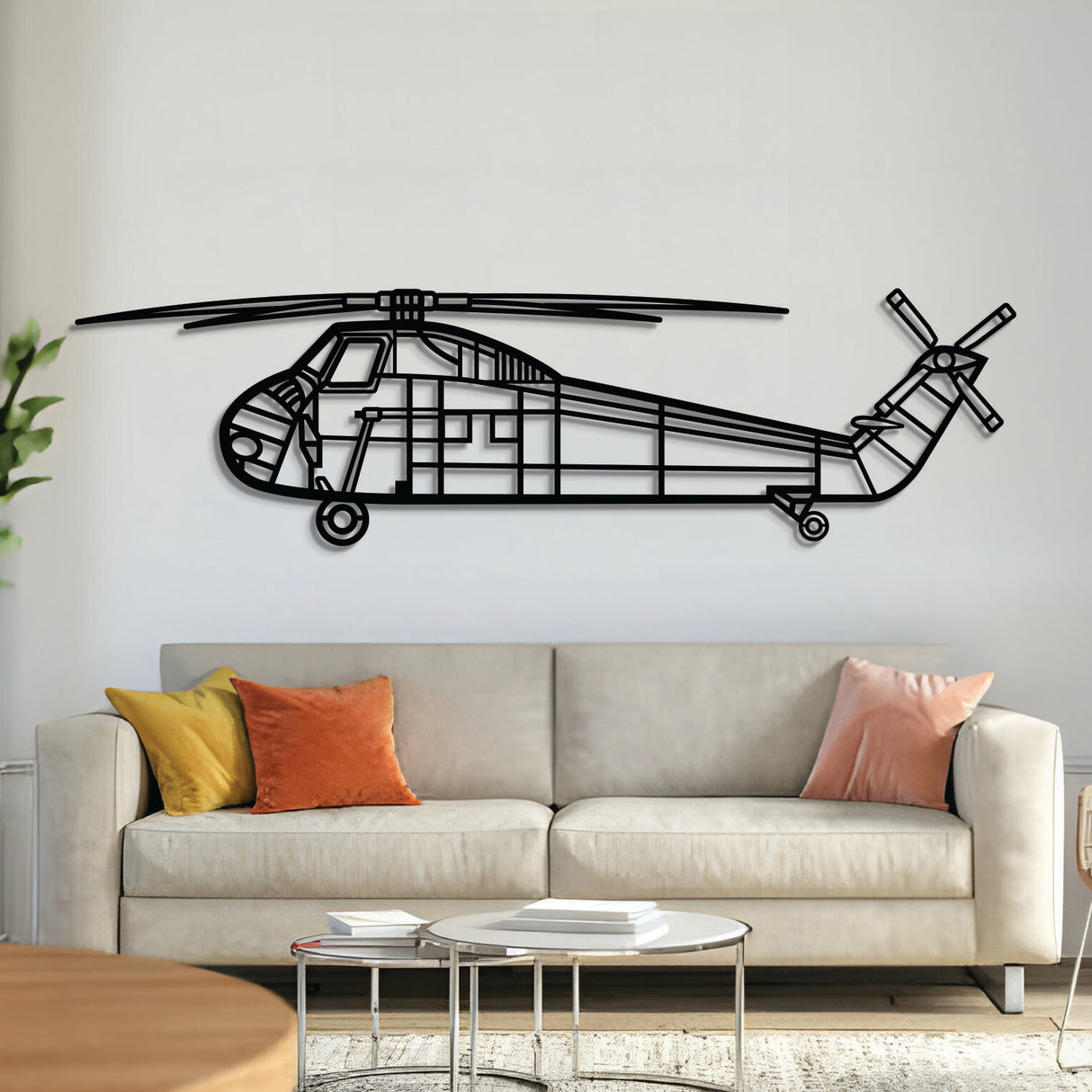 H‑34 metal aircraft wall art, laser‑cut 2 mm steel with matte textured finish and 3D elevation