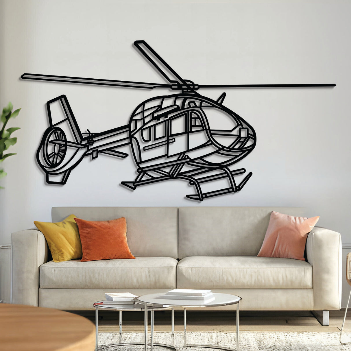 H145M LUH SOF angle-view helicopter wall art, laser-cut 2 mm steel with matte textured finish and 3D elevation