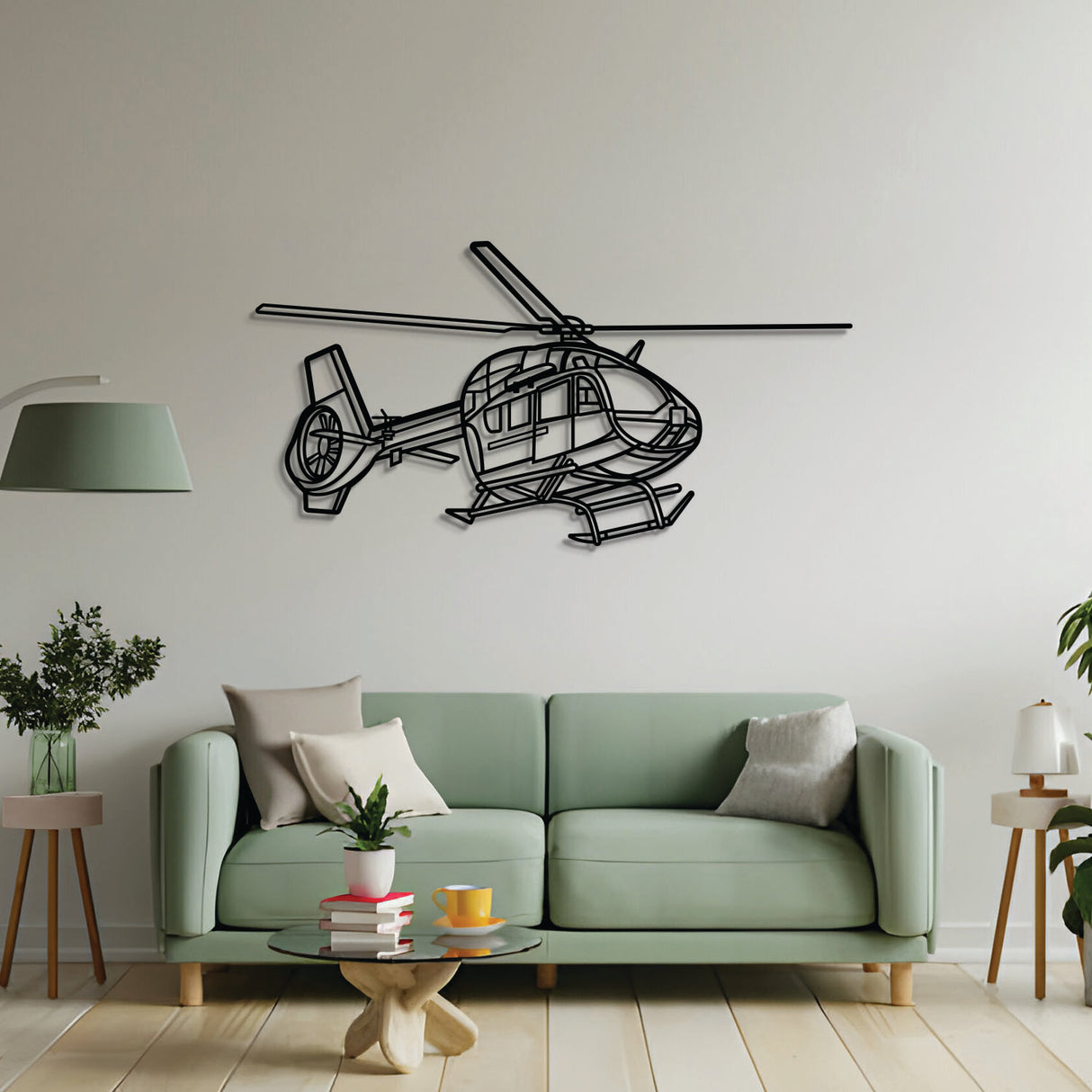2 mm steel H145M LUH SOF wall art, laser-cut matte finish, floats 1 cm off wall for dramatic 3D effect