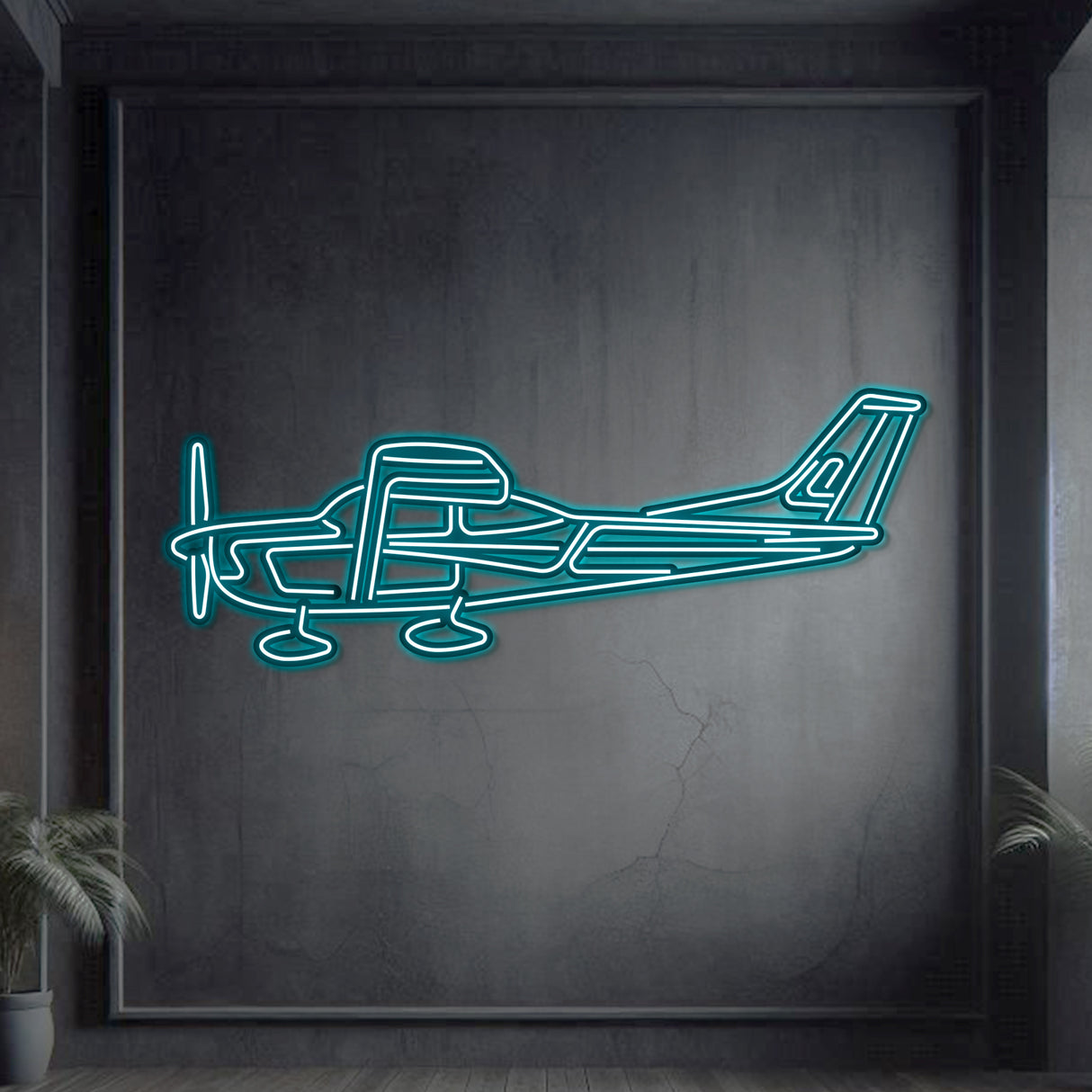 Neon‑lit Cessna 182 silhouette in textured matte steel with floating neon frame, providing immersive 3D depth