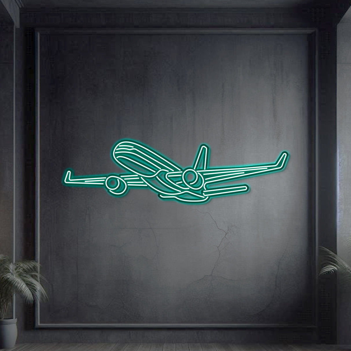 Aviation décor: 757-200 Angle metal neon wall art in matte steel with 3D floating presence