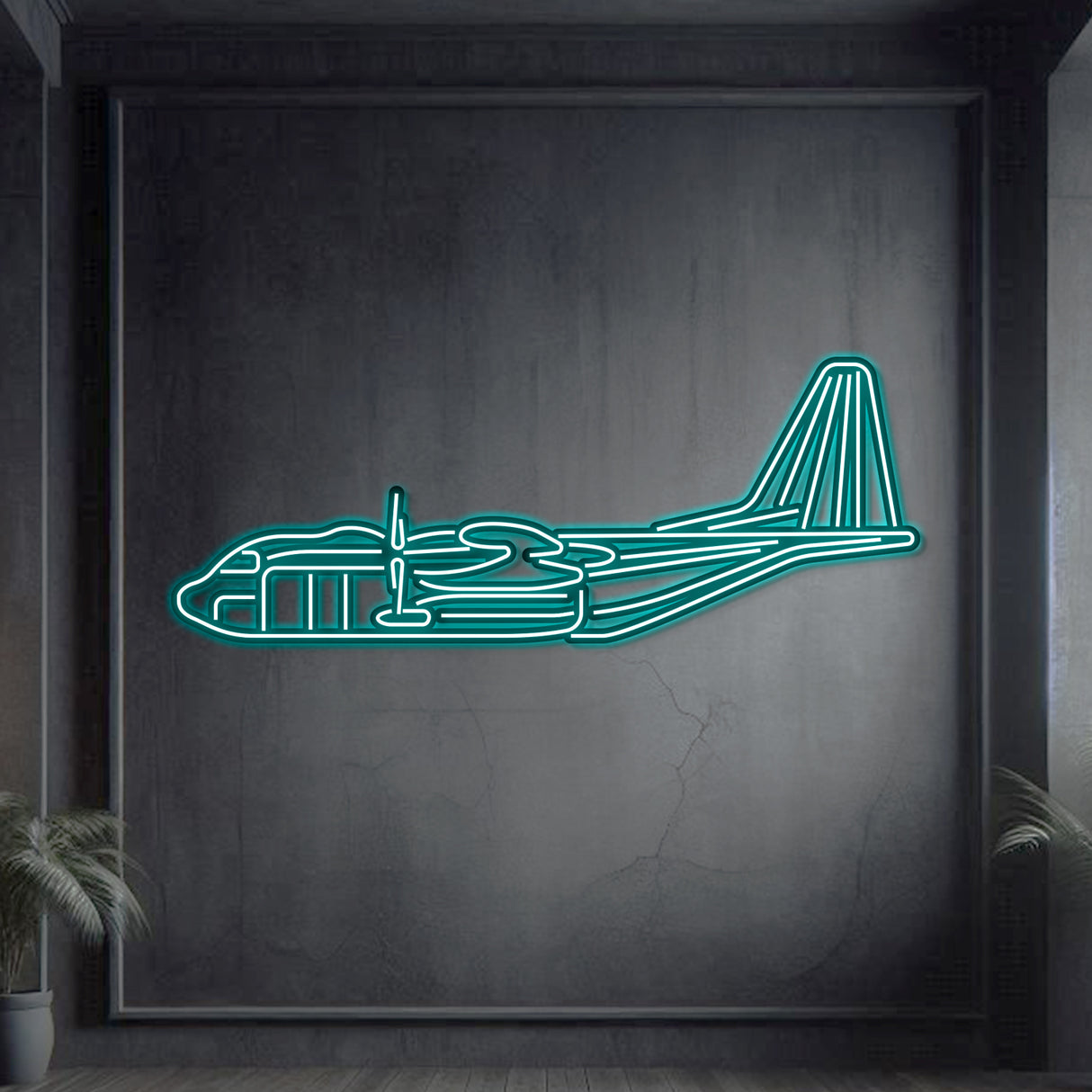 Aviation décor: AC-130J Ghostrider metal neon wall art in matte steel with a 3D floating presence