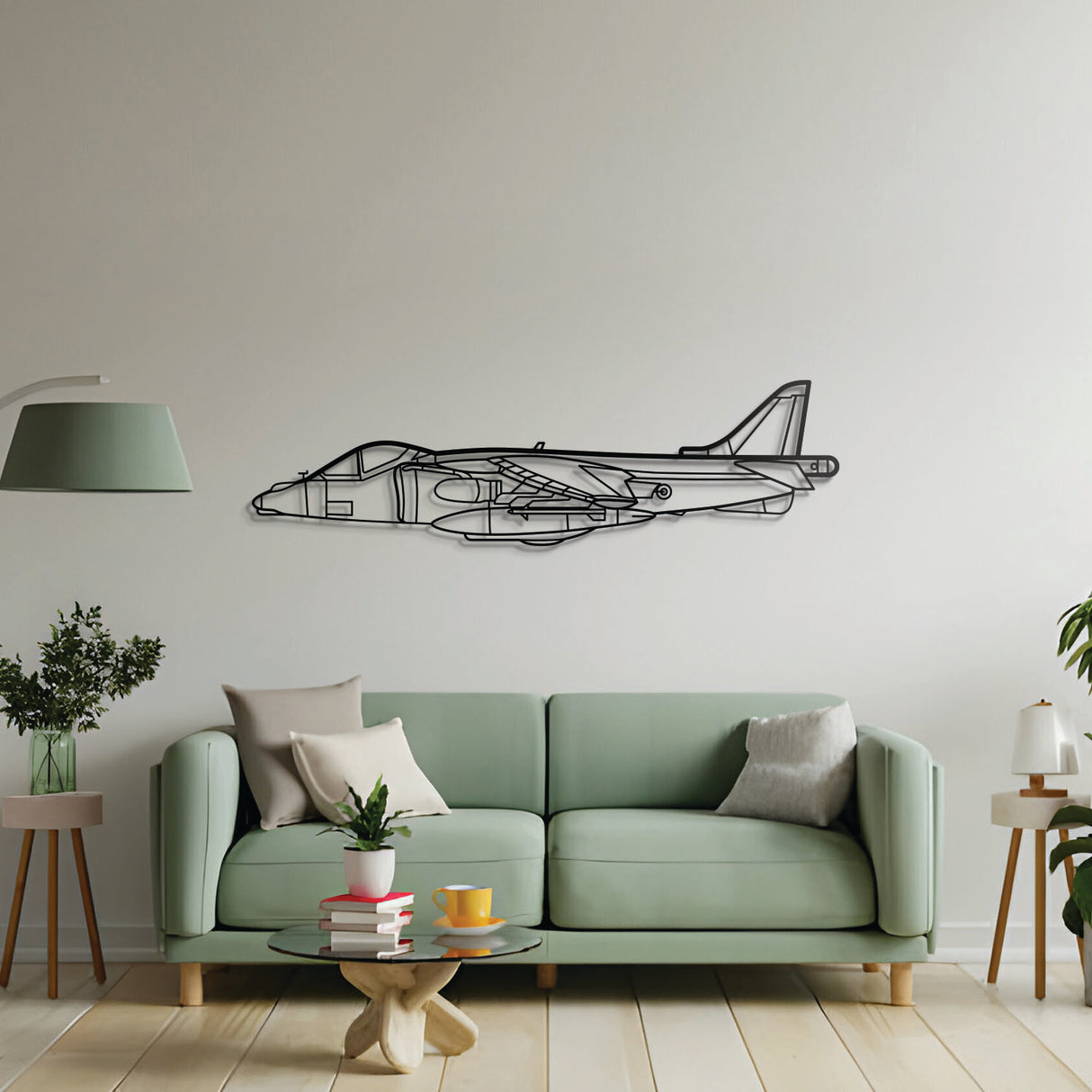 Harrier GR7 military aircraft wall art – black steel silhouette with 1 cm wall spacing for dynamic aviation décor