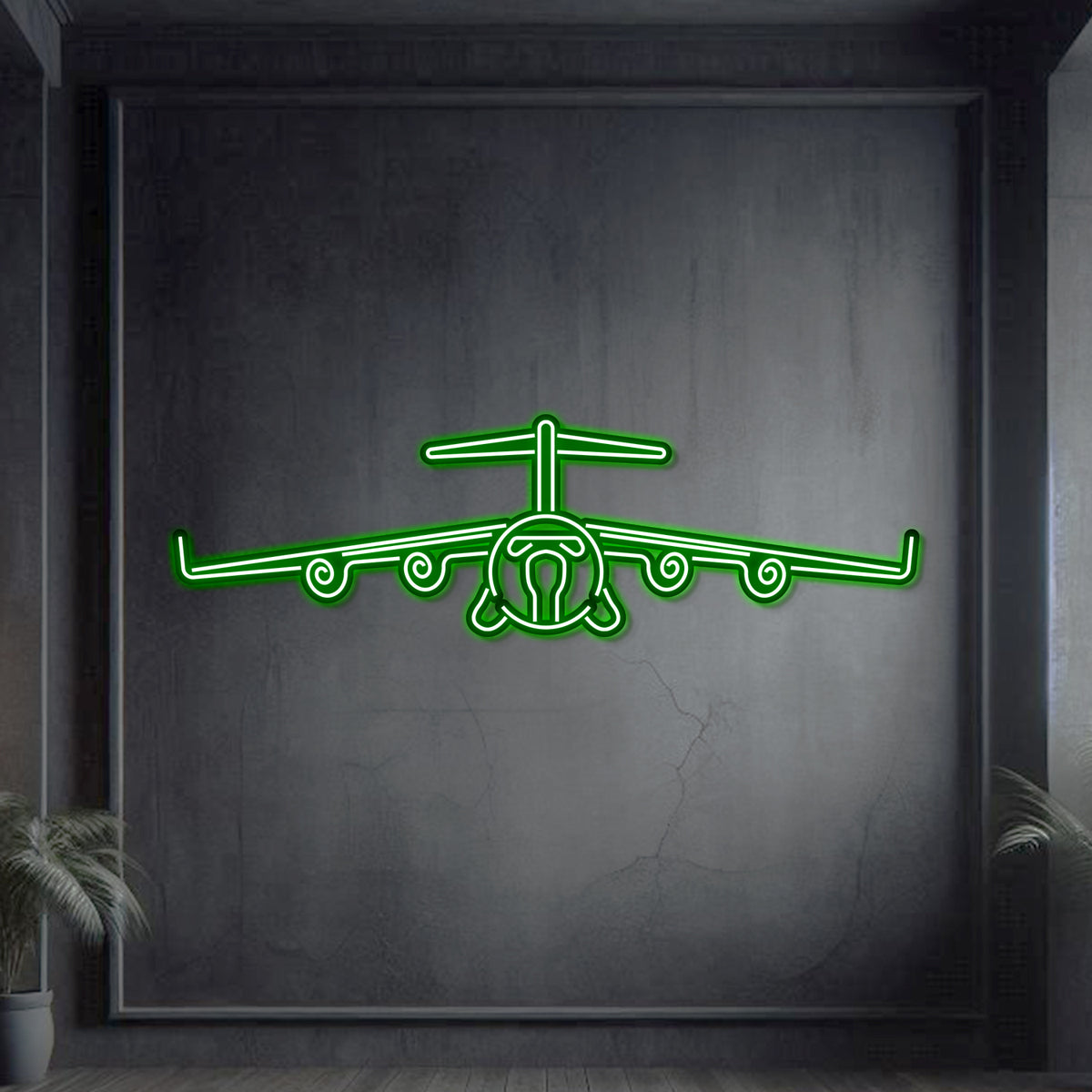 C‑17 neon wall art, rugged strategic airlift décor ideal for hangars, operations centers, or modern interiors