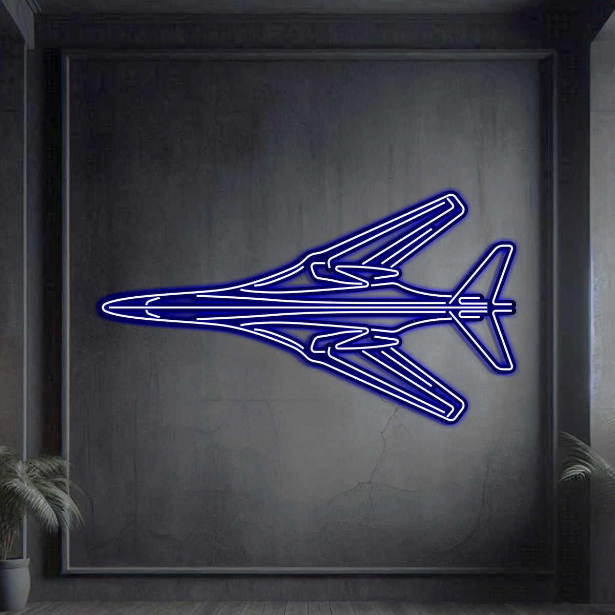 Aviation-inspired B-1B Lancer neon wall art in 2 mm steel with matte texture and 3D look