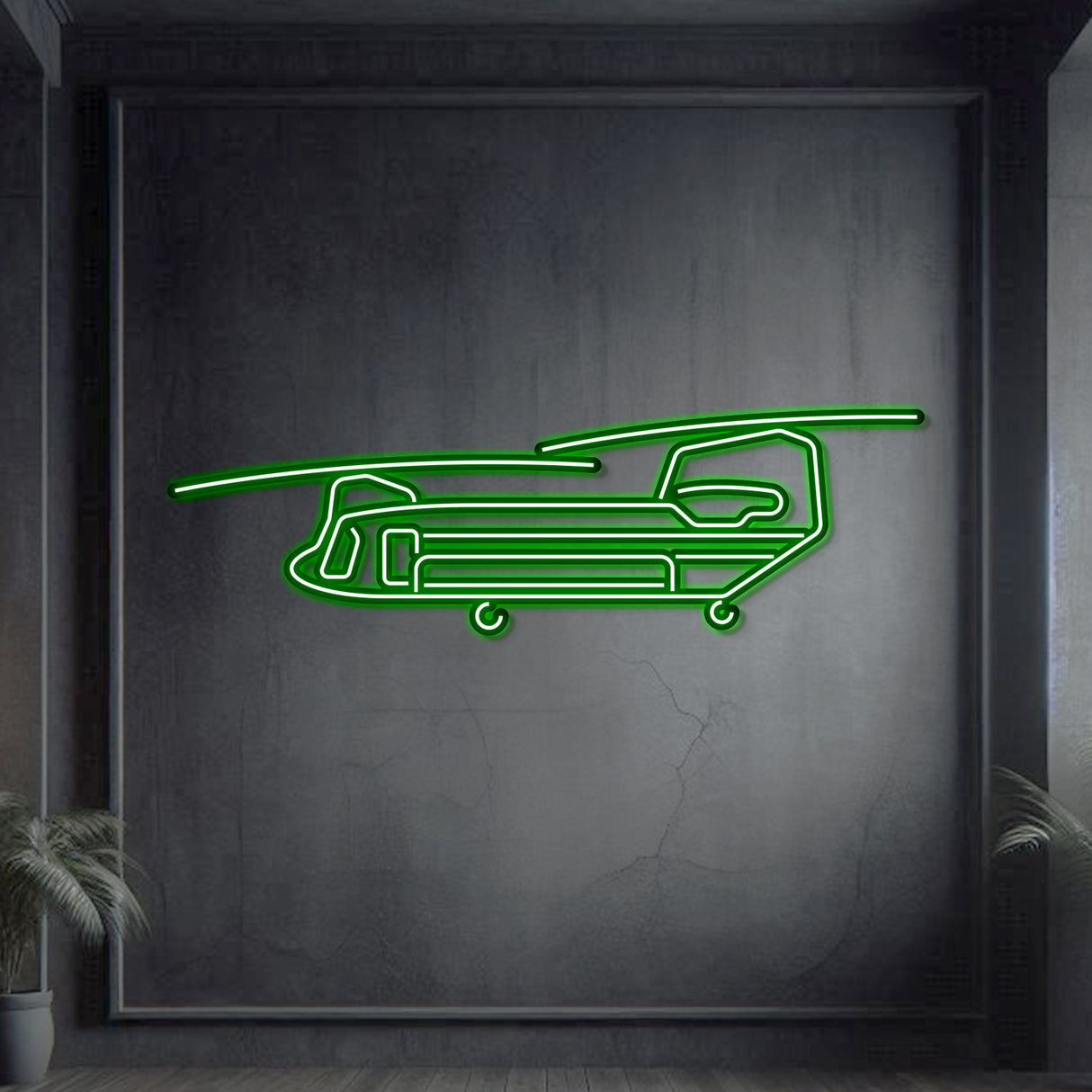 Chinook neon wall art, sleek aviation décor perfect for hangars, offices, or command centers