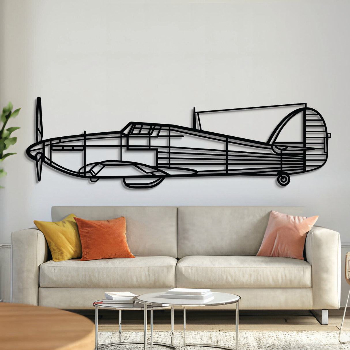Hurricane Mk I metal aircraft wall art, laser‑cut 2 mm steel with matte textured finish and 3D elevation