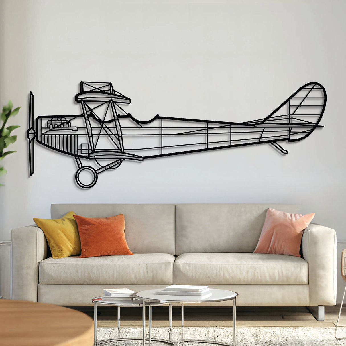 JN-4A metal aircraft wall art in 2 mm laser-cut steel with matte powder-coated textured finish and 3D elevation screws