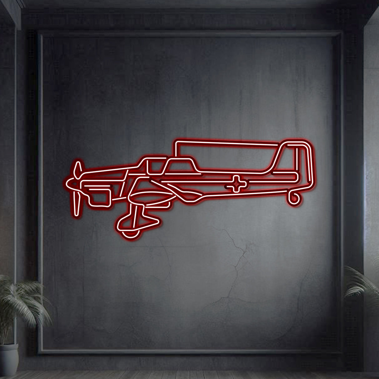 Neon-lit Stuka silhouette wall art, textured matte steel with floating neon frame for dramatic 3D depth and ambiance