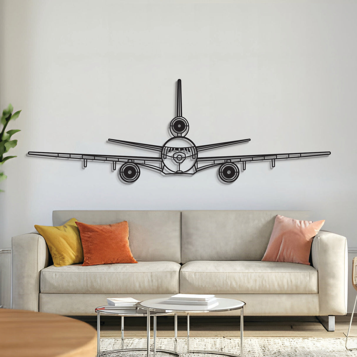 KC‑10 Extender front metal aircraft wall art in 2 mm laser‑cut steel with matte textured finish and elevation spacers lifting it 1 cm off the wall for a bold 3D effect