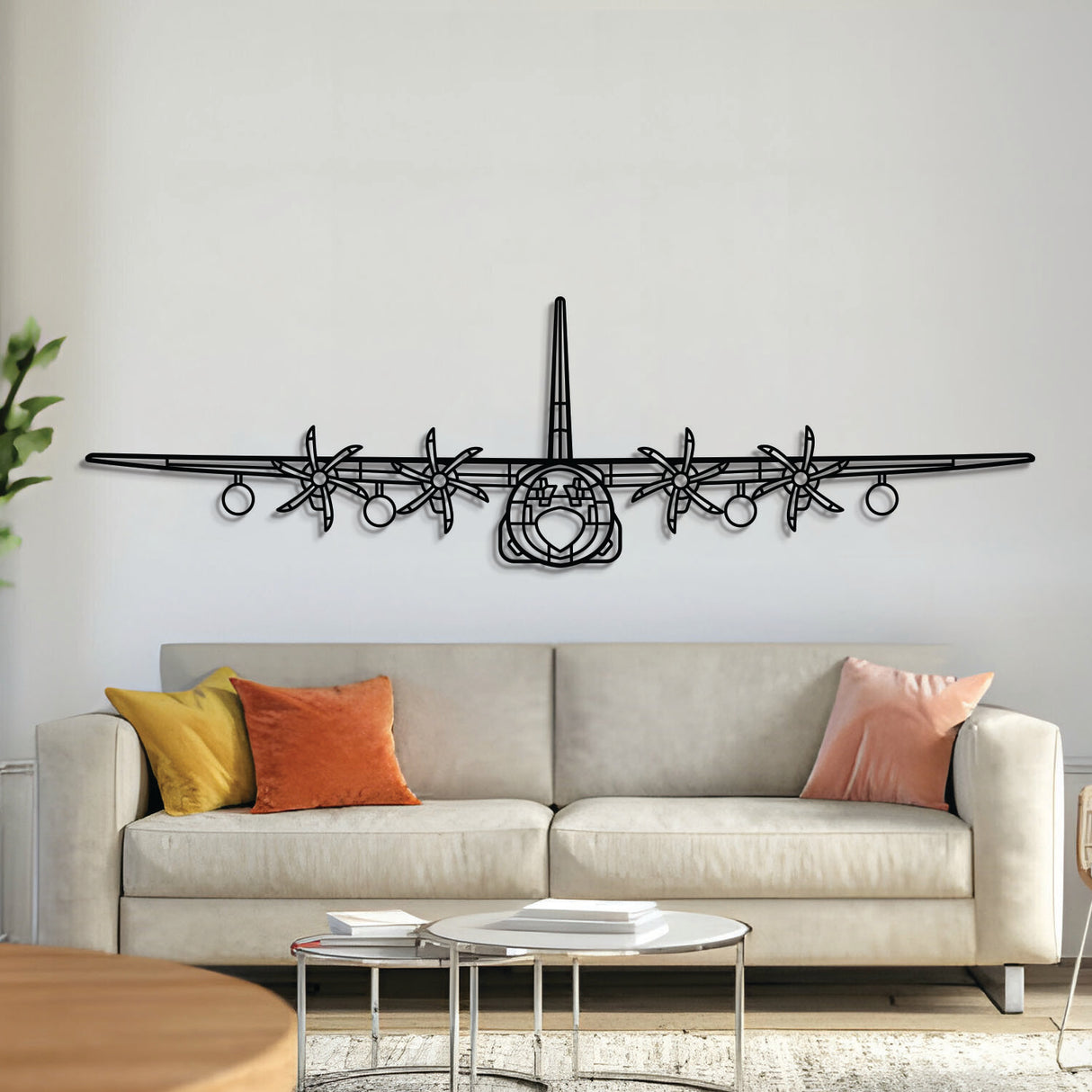 KC‑130J Hercules front metal aircraft wall art in 2 mm laser‑cut steel with matte powder‑coated textured finish and elevation screws lifting it 1 cm off the wall for a bold 3D effect