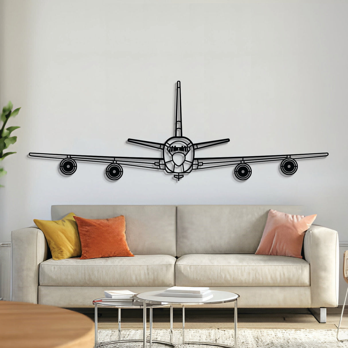 KC-135R Stratotanker Front metal aircraft wall art in 2 mm laser-cut steel with matte powder-coated textured finish and elevation screws mounting it 1 cm off the wall for a dramatic 3D effect