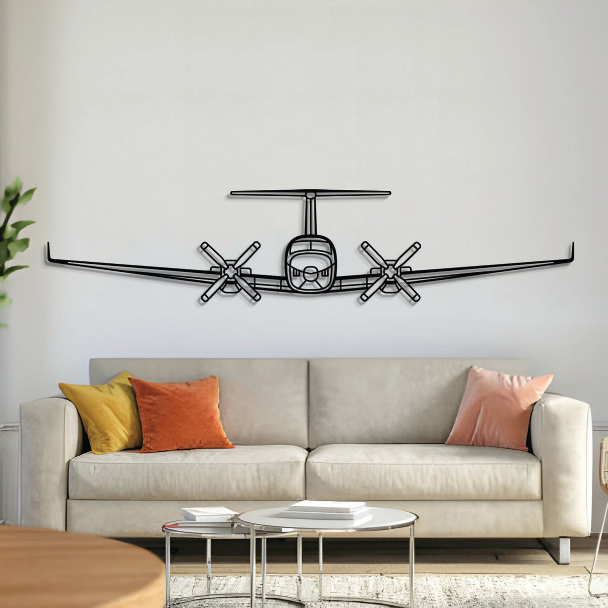 King Air 200 Front metal aircraft wall art in 2 mm laser‑cut steel with matte powder‑coated textured finish and 3D elevation screws